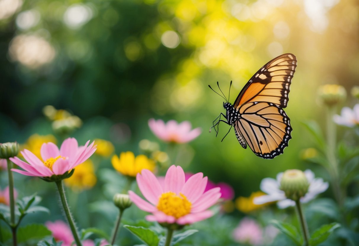 Ein ruhiger Garten mit blühenden Blumen und einem Schmetterling, der aus seiner Puppe schlüpft, was spirituelles Wachstum und Transformation symbolisiert.