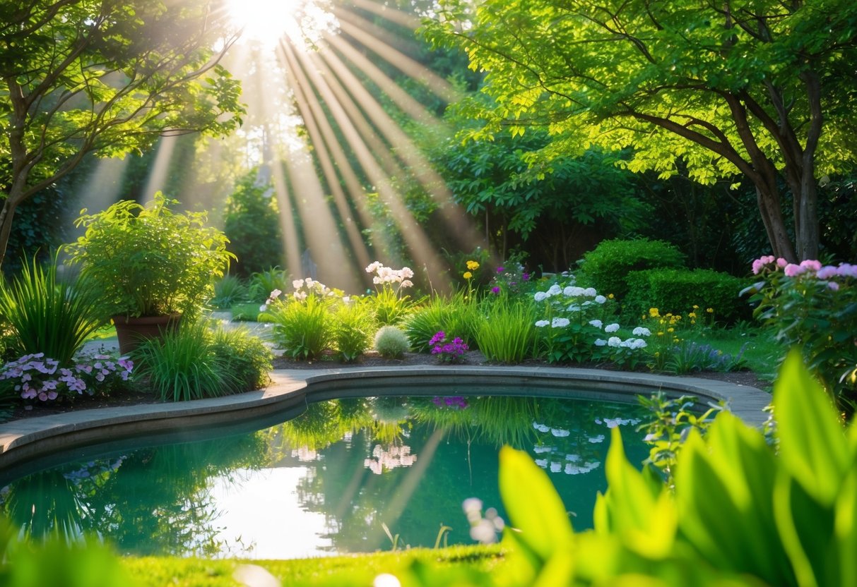 Ein ruhiger Garten mit einem friedlichen Teich, umgeben von üppigem Grün und blühenden Blumen, mit Sonnenstrahlen, die durch die Bäume filtern.