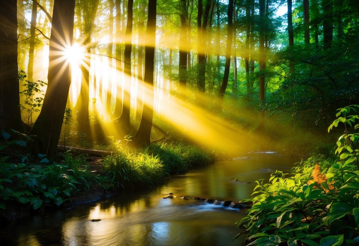 Ein ruhiger Wald mit goldenen Lichtstrahlen, die durch das Blätterdach auf einen friedlichen Bach fallen, umgeben von lebendiger Flora und Fauna.