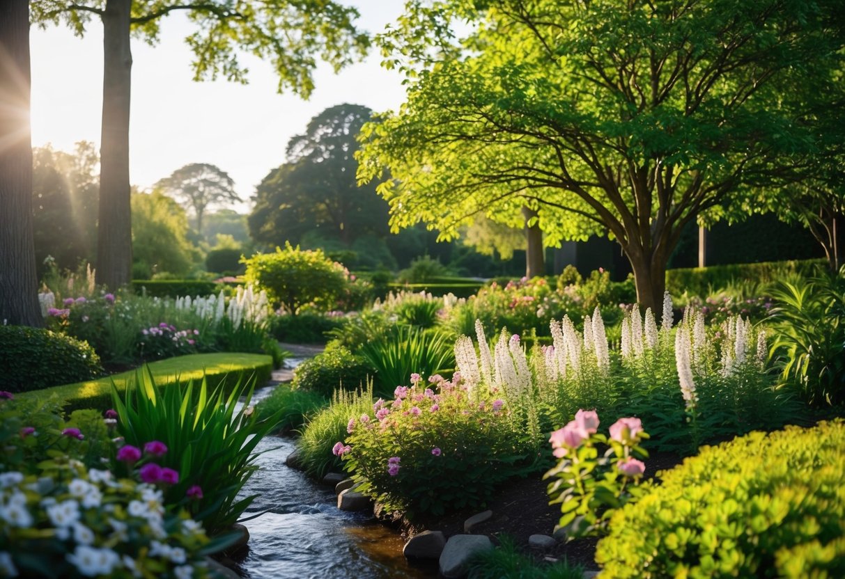 Ein ruhiger, sonnendurchfluteter Garten mit blühenden Blumen und einem sanften Bach, umgeben von üppigem Grün und hohen Bäumen