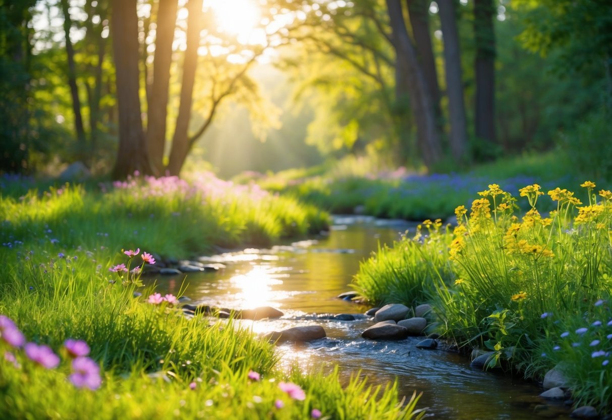 Eine ruhige, sonnenbeschienene Waldlichtung mit einem friedlichen Bach und lebhaften, blühenden Wildblumen