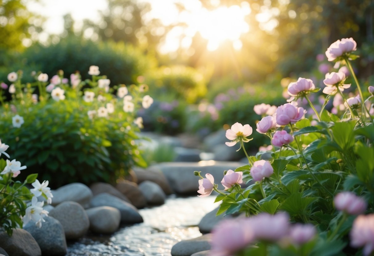 Ein ruhiger Garten mit blühenden Blumen und einem sanften Bach, umgeben von warmem Sonnenlicht und einer friedlichen Atmosphäre.