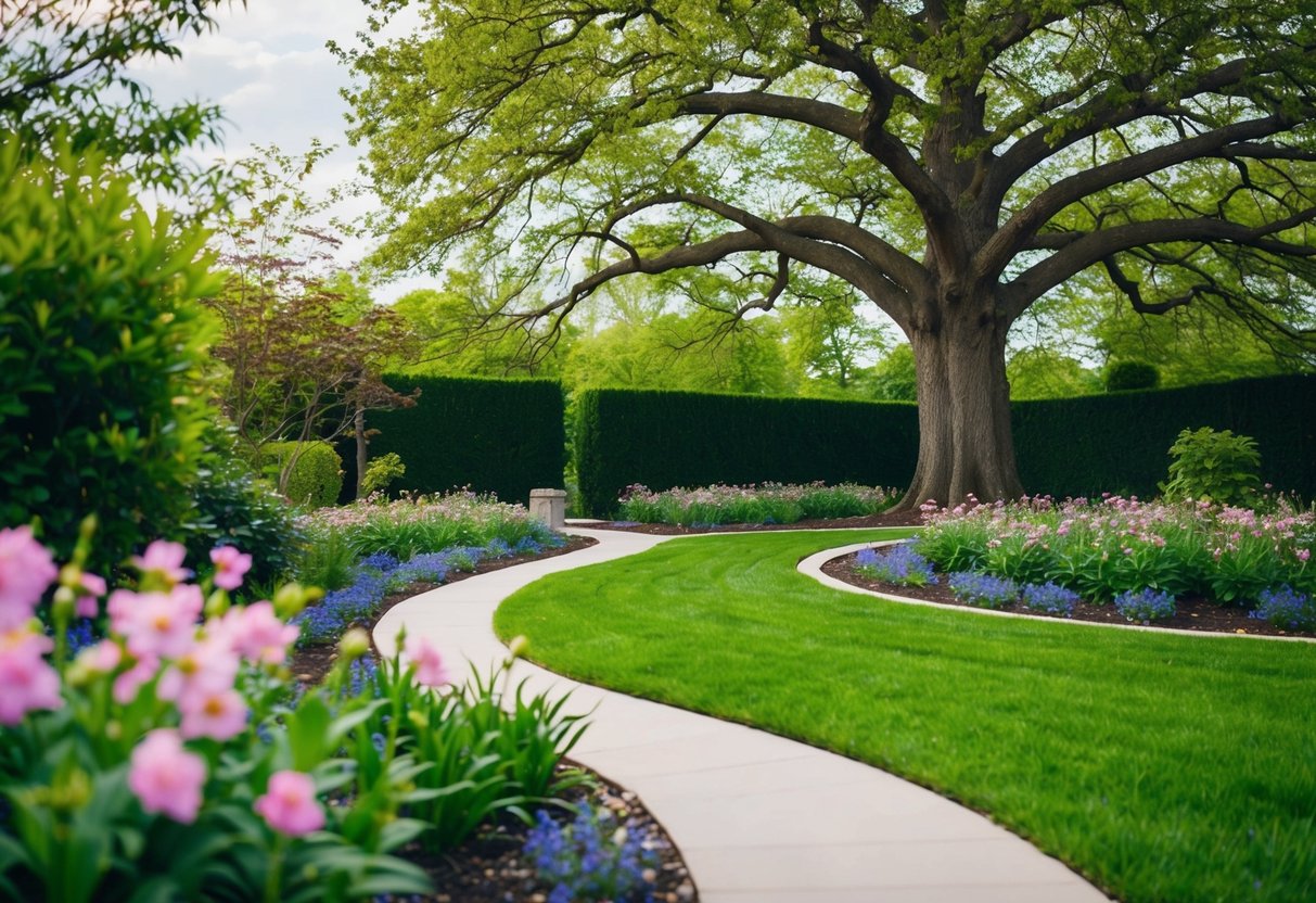 Ein ruhiger Garten mit blühenden Blumen und einem gewundenen Weg, der zu einem friedlichen Meditationsraum unter einem majestätischen Baum führt.