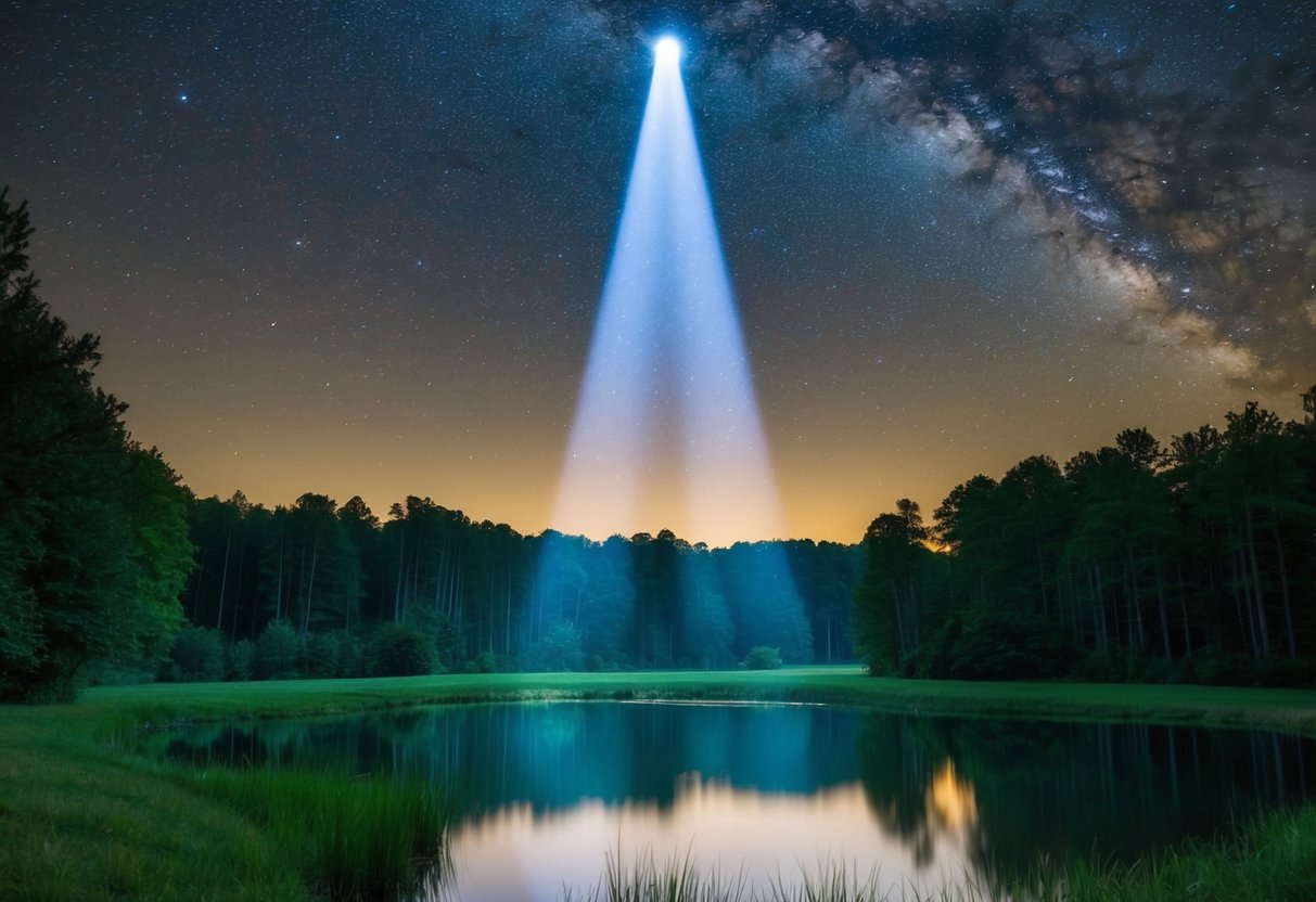 Ein ruhiger Wald leuchtet unter einem sternenklaren Himmel, während ein Lichtstrahl einen friedlichen Teich erhellt.