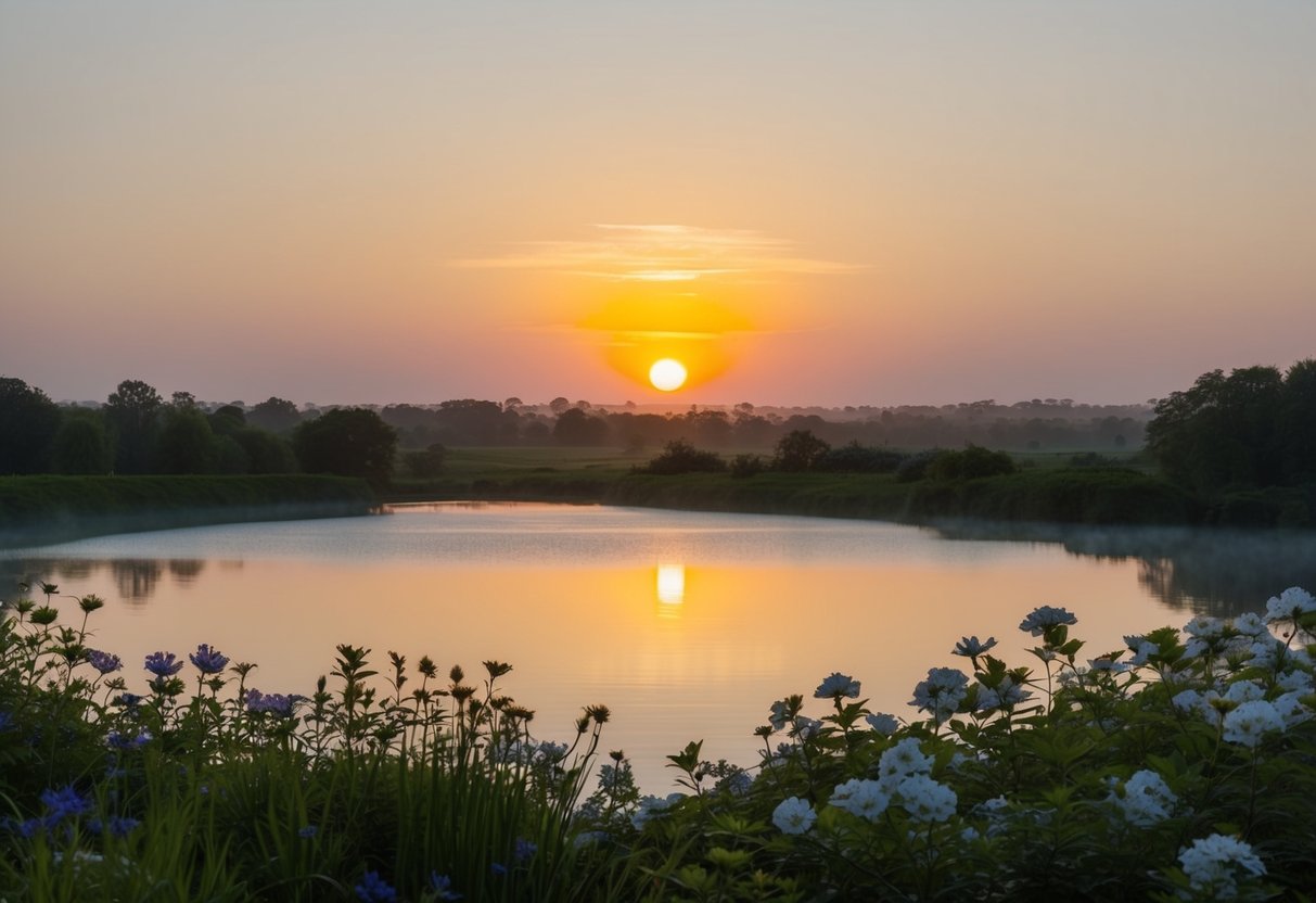 Eine friedliche Landschaft mit einer strahlenden Sonne, die über einem ruhigen Gewässer aufgeht, umgeben von üppigem Grün und blühenden Blumen.