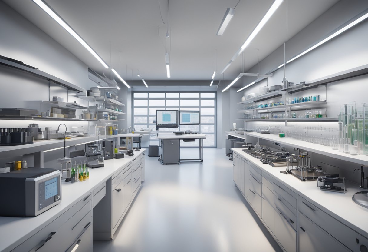 A sleek, modern laboratory with high-tech measurement equipment and precision tools arranged neatly on clean, white countertops