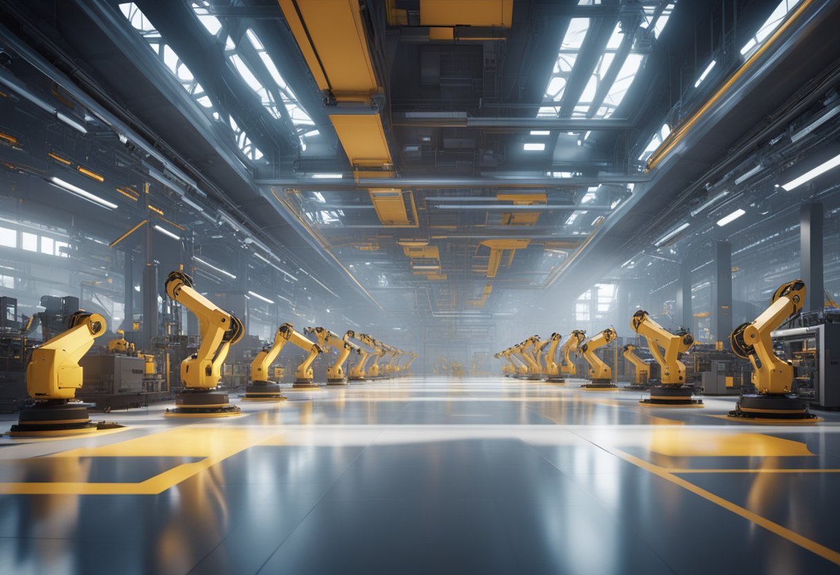 A futuristic factory floor with robotic arms assembling products under the watchful eye of AI-powered systems