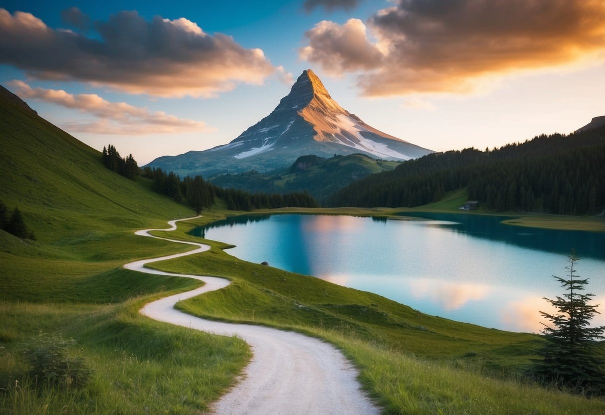 Ein ruhiger Berggipfel bei Sonnenaufgang, mit einem gewundenen Weg, der zu einem friedlichen See führt, der von üppigem Grün umgeben ist.