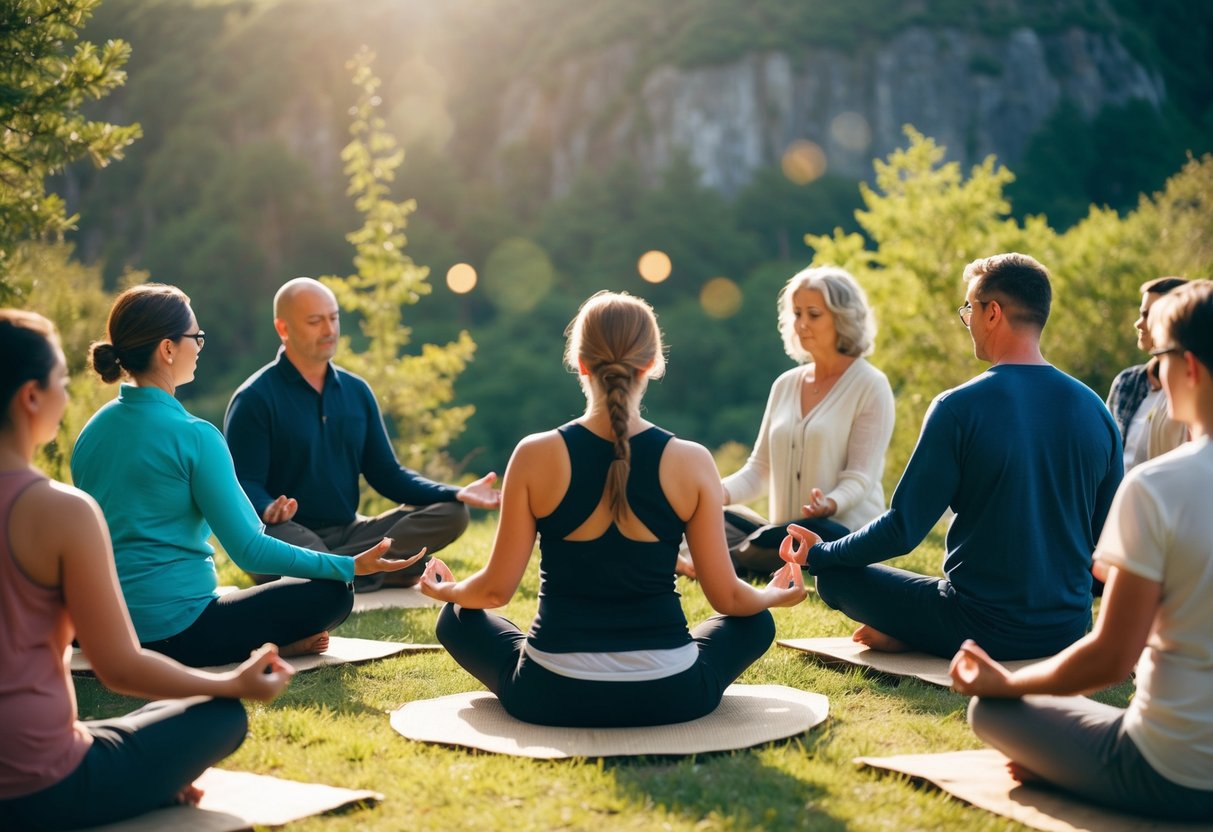 Eine Gruppe von Menschen, die im Kreis sitzen, umgeben von der Natur, und an einem spirituellen Ritual oder einer Meditation teilnehmen.