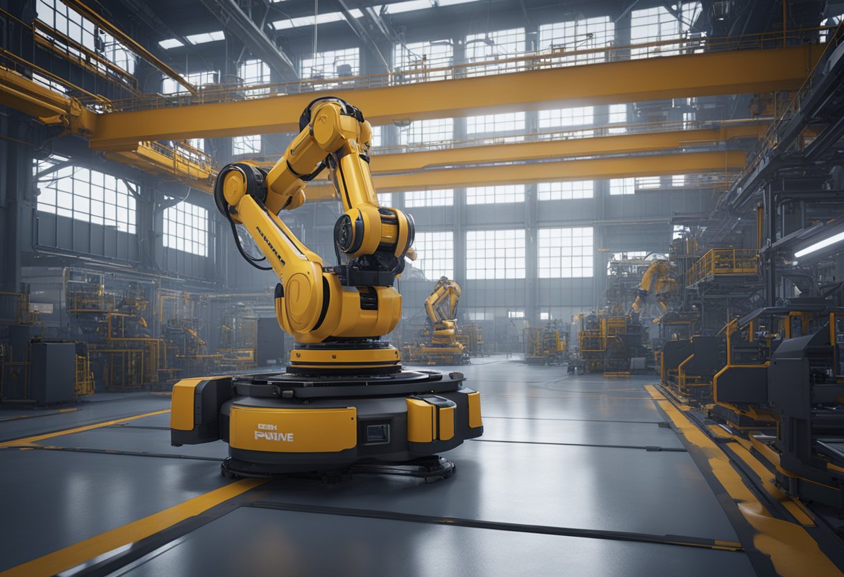 An industrial robot in a high-tech factory, surrounded by AI-powered machinery and security measures