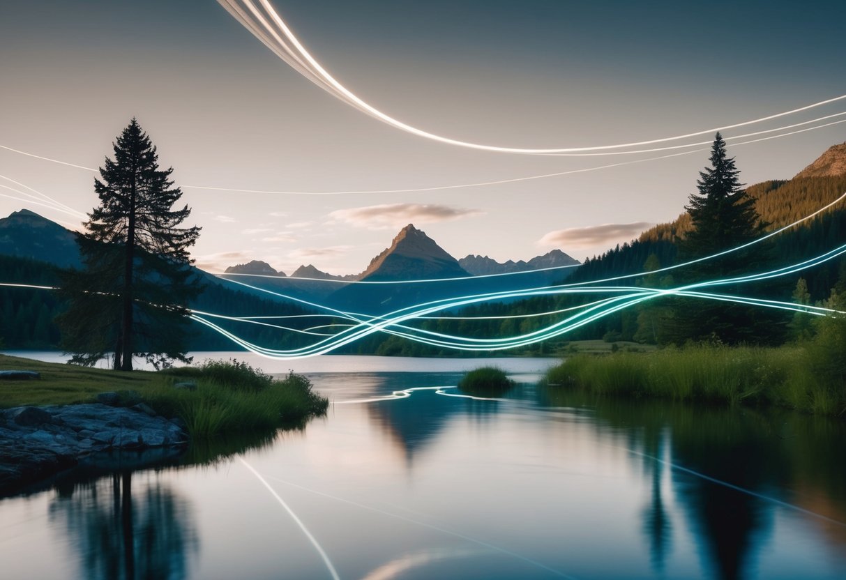 Eine ruhige Landschaft mit fließenden Energielinien, die natürliche Elemente wie Bäume, Berge und Wasser verbinden.