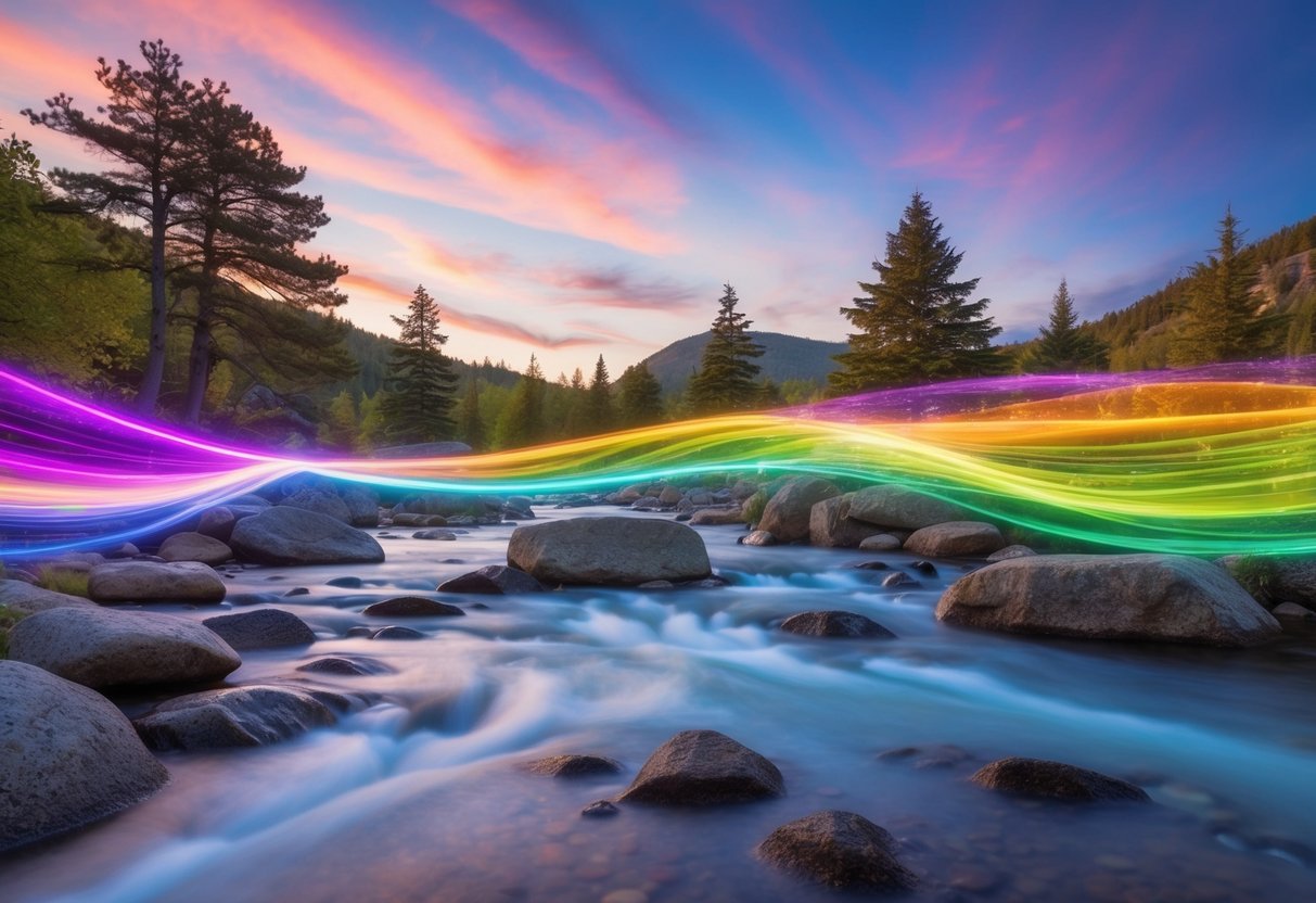 Eine ruhige Landschaft mit fließenden Energielinien und lebendigen Farben, die von natürlichen Elementen wie Bäumen, Felsen und Wasser ausgehen.