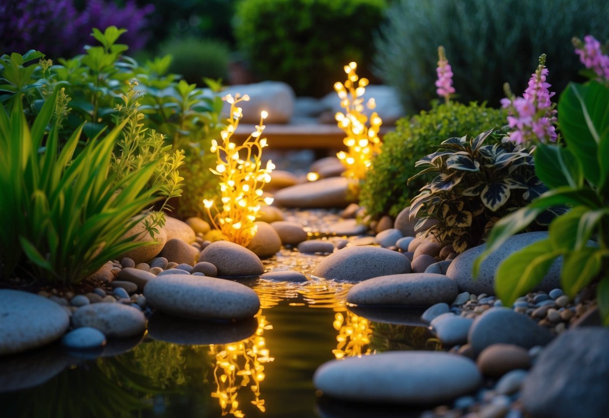 Ein friedlicher Garten mit strahlender Energie, die durch Pflanzen, Steine und Wasser fließt und ein Gefühl von Ruhe und Balance ausstrahlt.