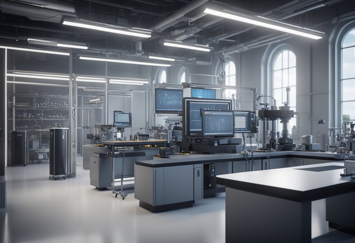 A high-tech laboratory with precision instruments and machinery for metrology and engineering