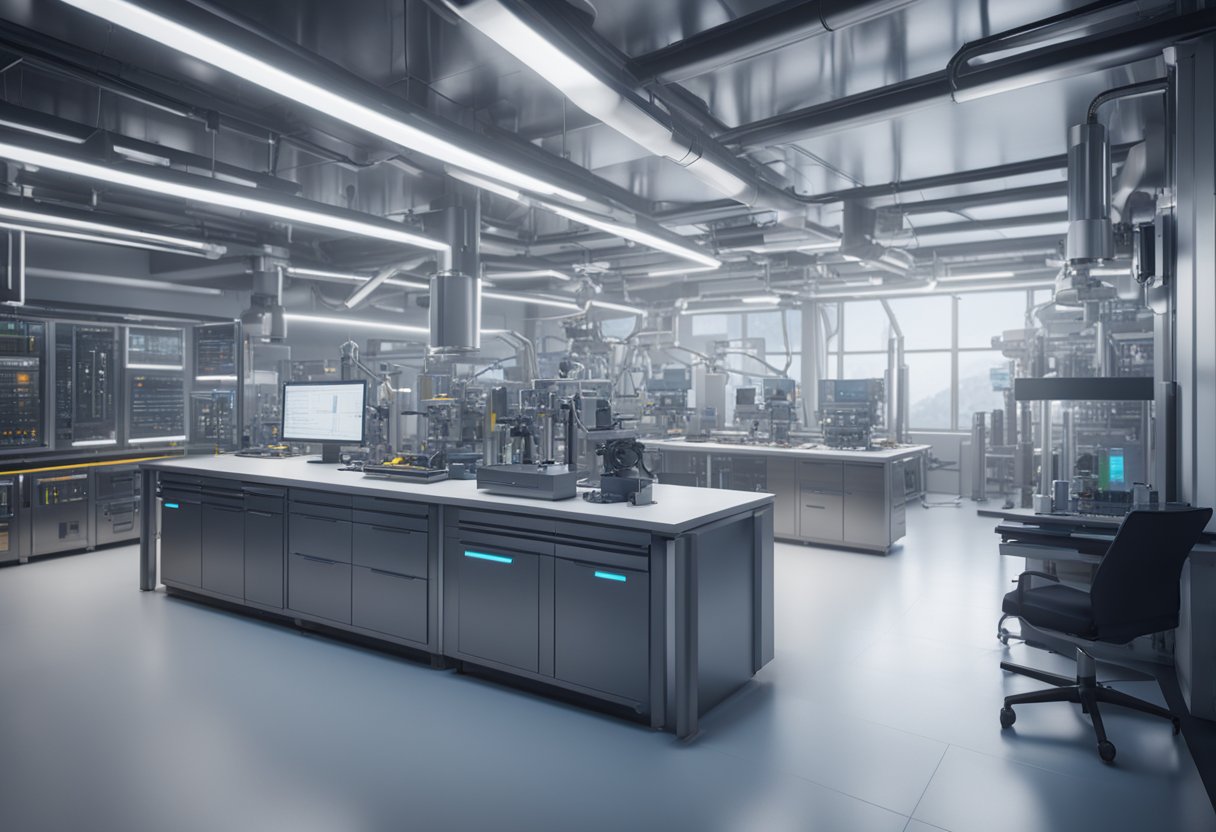 A high-tech laboratory with precision instruments and machinery, engineers working on advanced technology