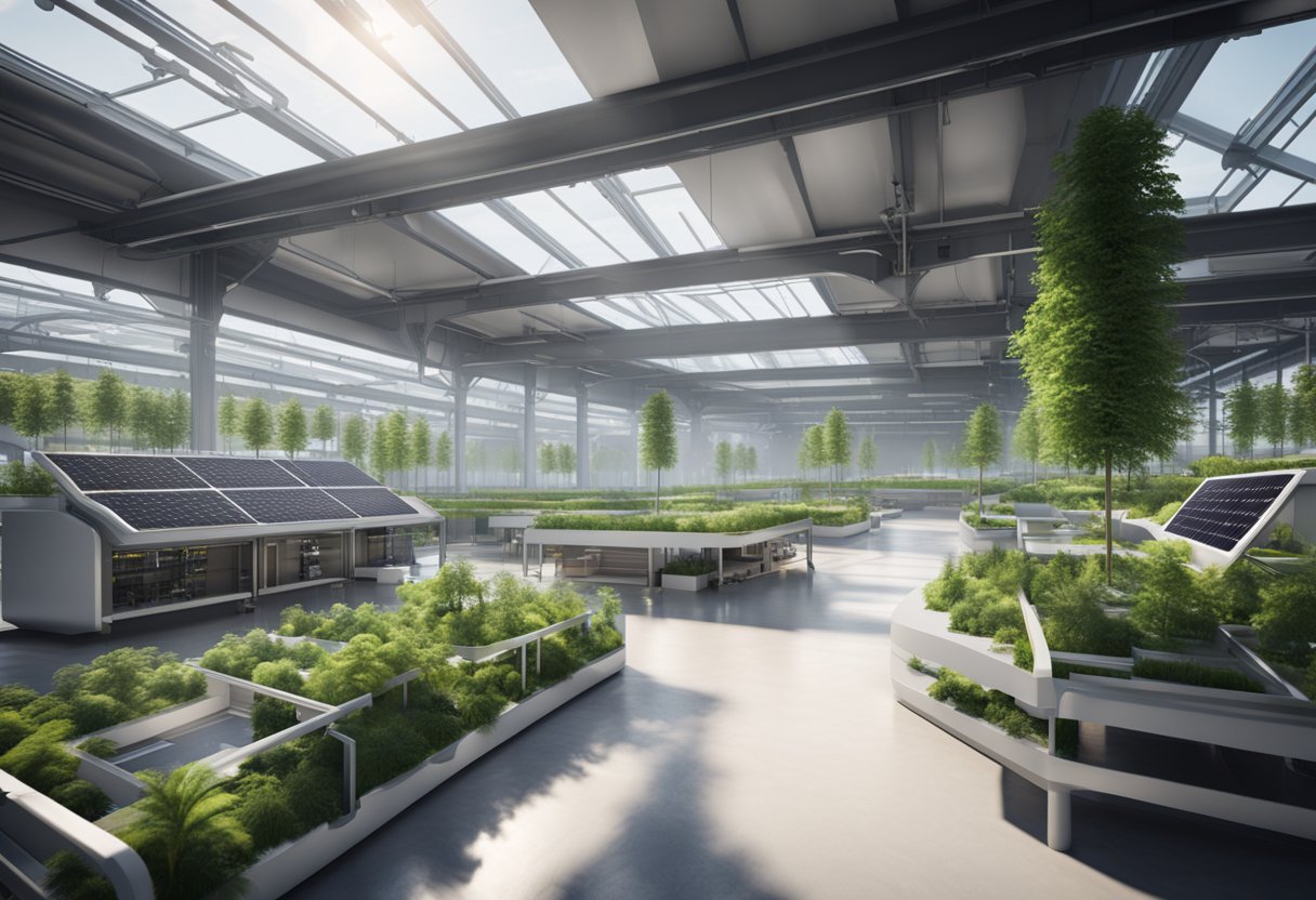 A modern, clean factory floor with high-tech machinery and tools, surrounded by greenery and solar panels