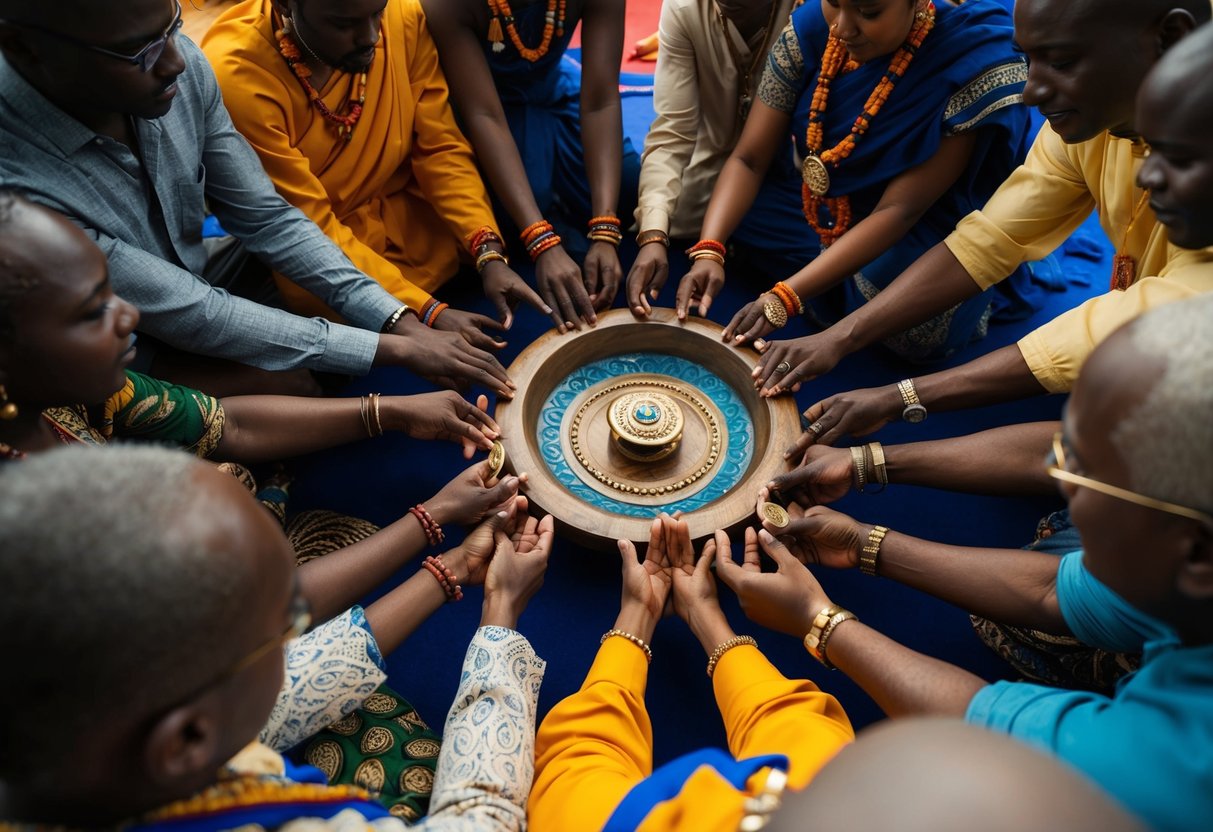 Eine Gruppe von Figuren, die ein zentrales Objekt umkreisen, wobei jede Figur ein Symbol ihrer individuellen Überzeugungen hält, während sie an einem kollektiven Ritual teilnehmen.