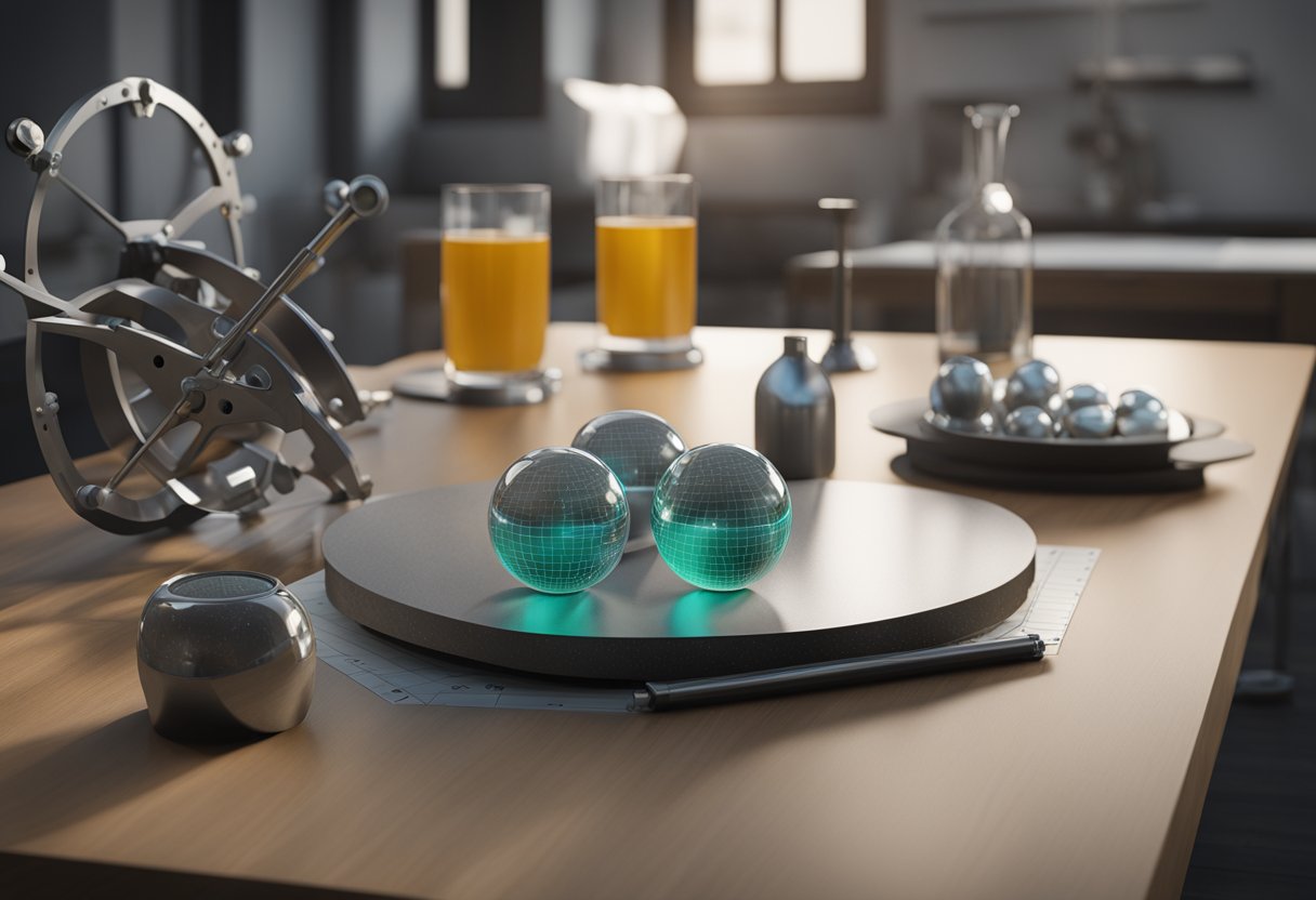 A table with scanning spheres, calipers, and measuring tools for metrology