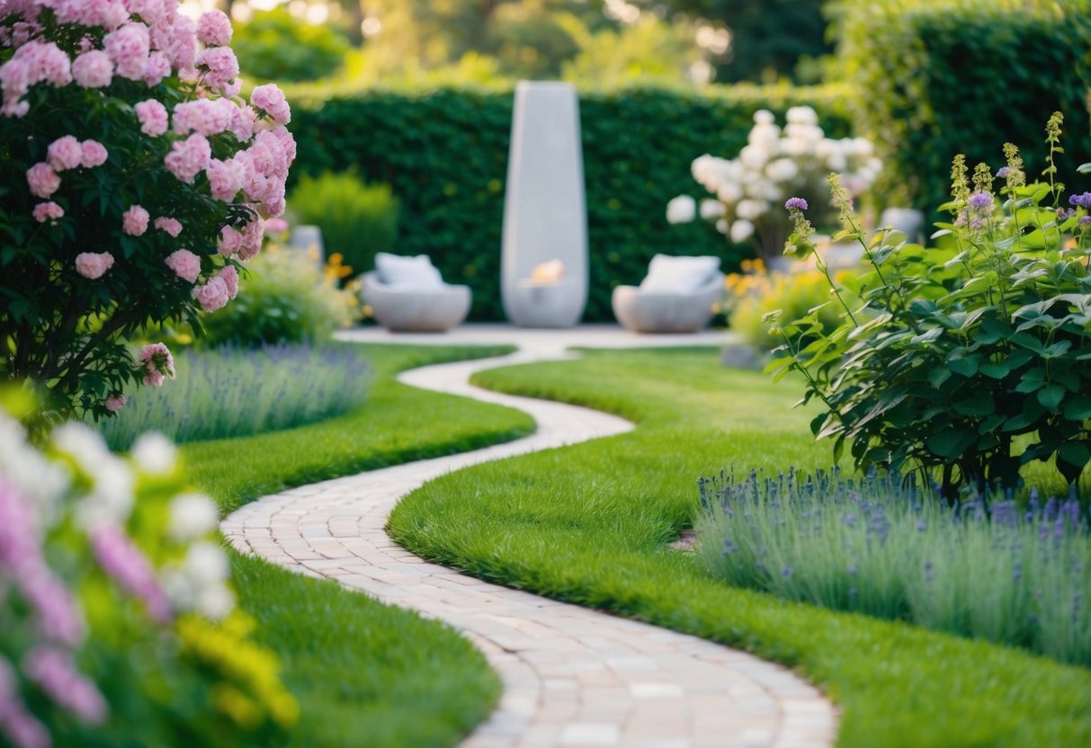 Ein ruhiger Garten mit einem gewundenen Weg, der zu einem friedlichen Meditationsraum führt, umgeben von blühenden Blumen und üppigem Grün.