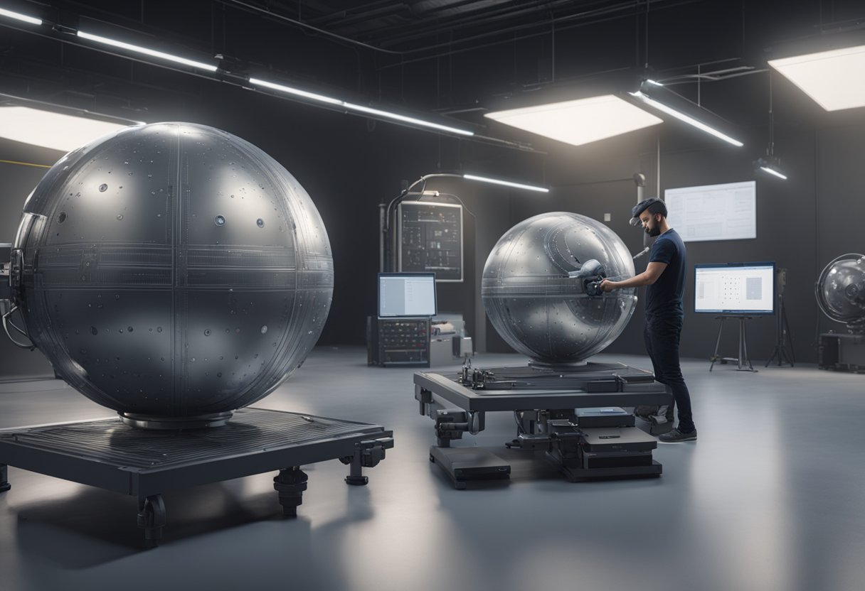 A technician scans spherical objects with metrology tools