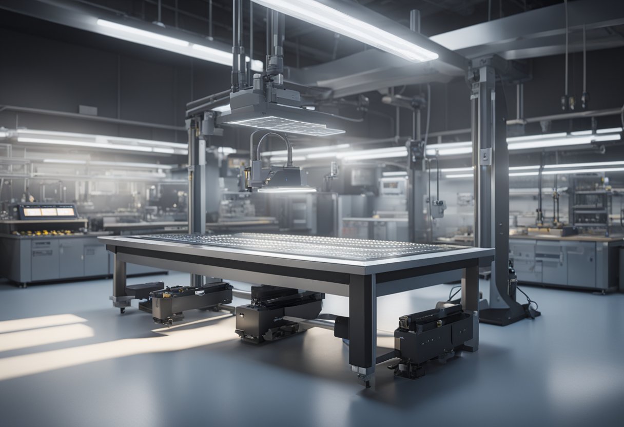 A table with precision spheres, laser scanners, and measurement equipment in a clean, well-lit metrology lab