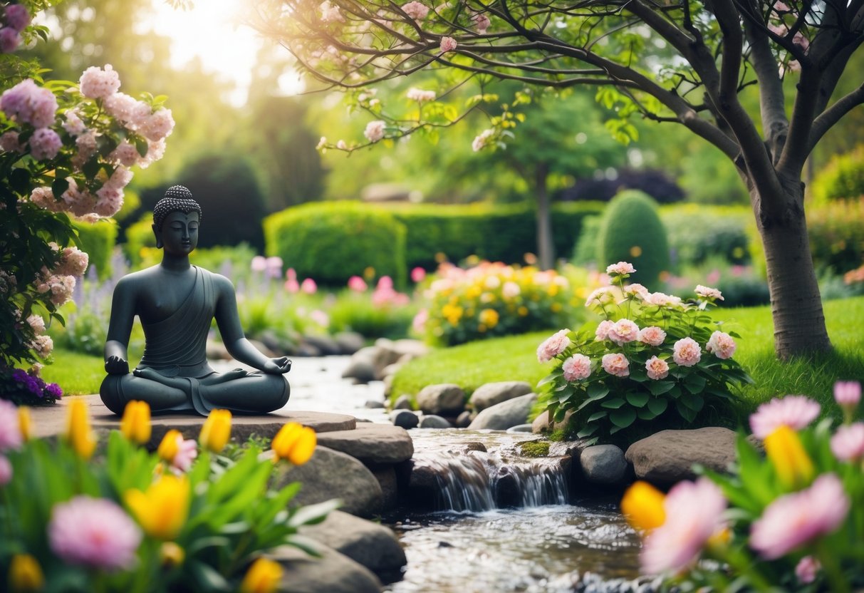 Ein ruhiger Garten mit blühenden Blumen, einem fließenden Bach und einer meditierenden Figur unter einem friedlichen Baum