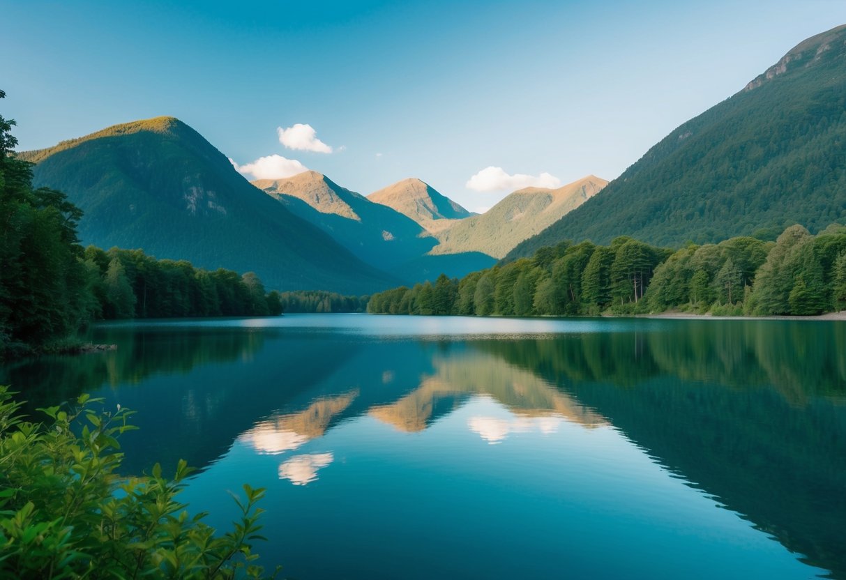 Eine ruhige Landschaft mit einem friedlichen See, umgeben von üppigem Grün und hohen Bergen, unter einem klaren blauen Himmel.