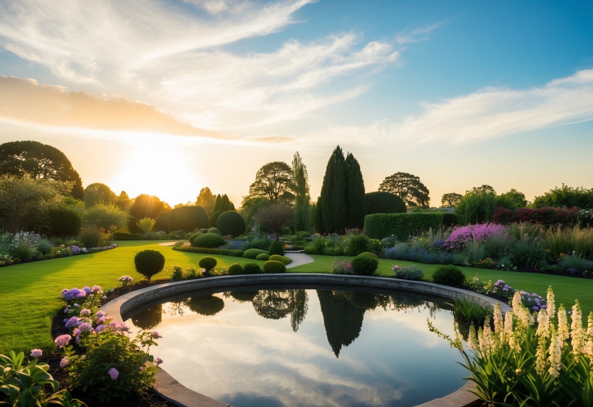 Ein ruhiger Garten mit einem gewundenen Weg, blühenden Blumen und einem friedlichen Teich, der den Himmel widerspiegelt.