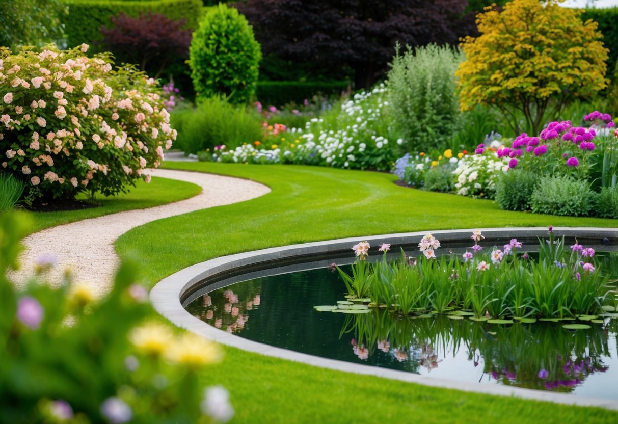 Ein ruhiger Garten mit blühenden Blumen, einem gewundenen Weg und einem friedlichen Teich, der das umliegende Grün widerspiegelt.