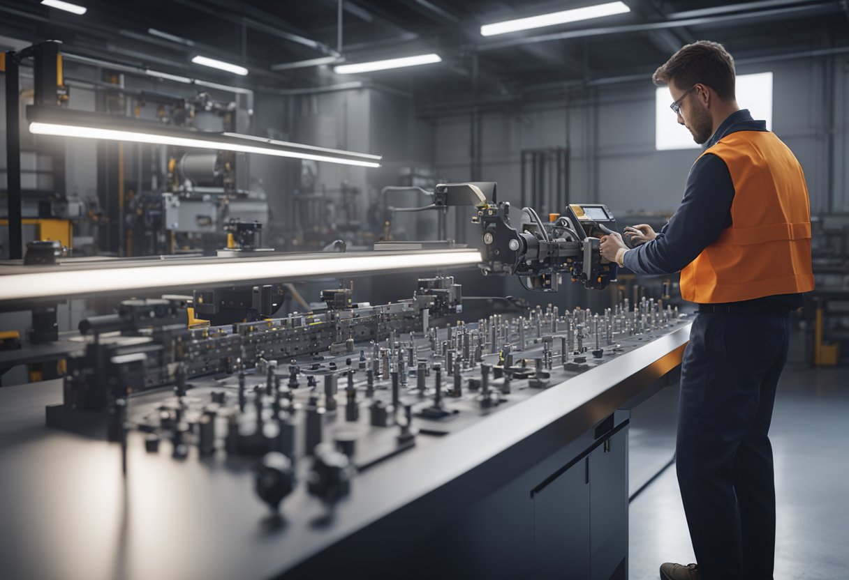 A technician using precision tools to calibrate and inspect intricate metrology fixturing solutions in a clean and organized workshop