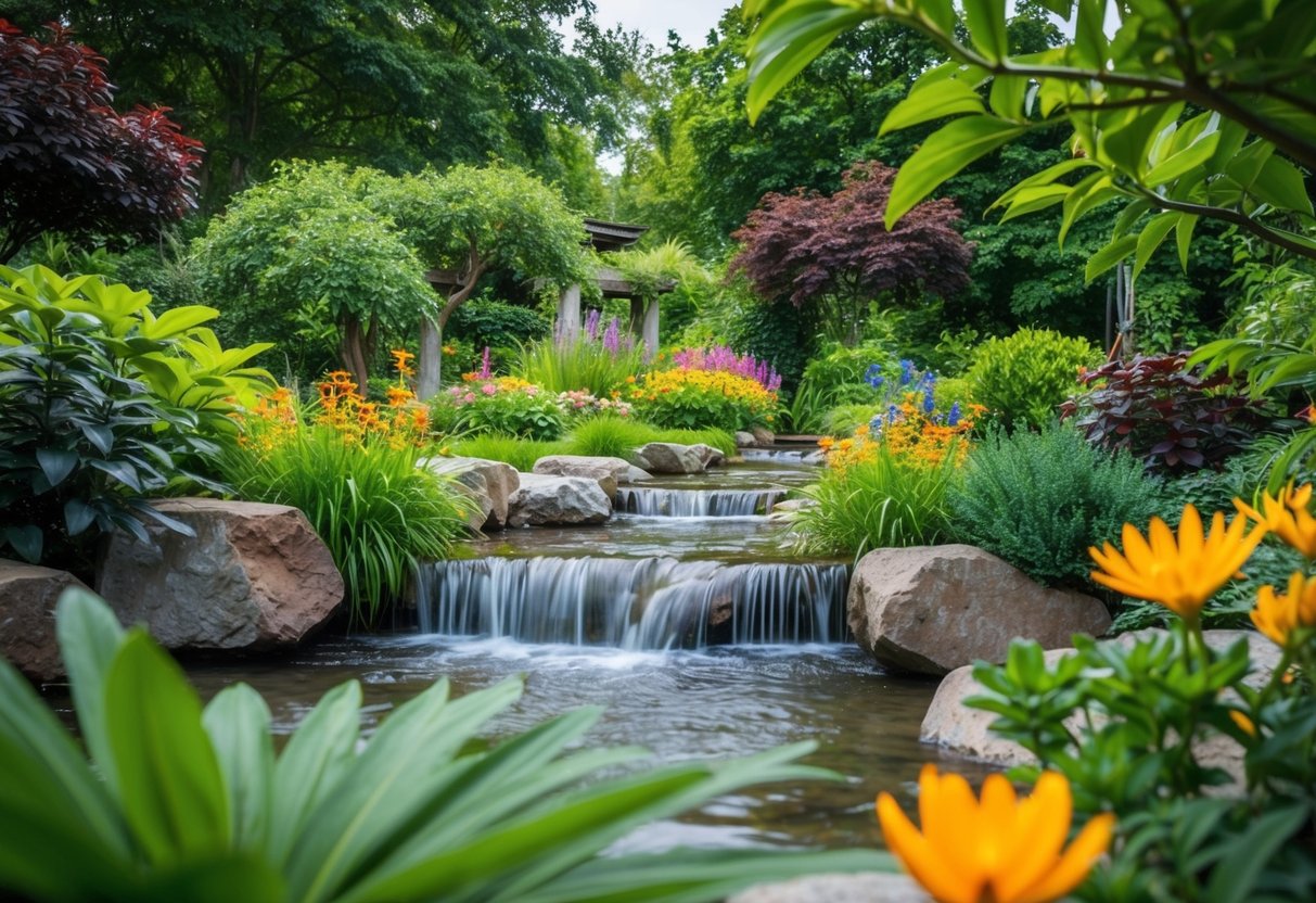 Ein ruhiger Garten mit üppigem Grün, fließendem Wasser und bunten Blumen, der ein Gefühl der spirituellen Verbindung zur Natur hervorruft.