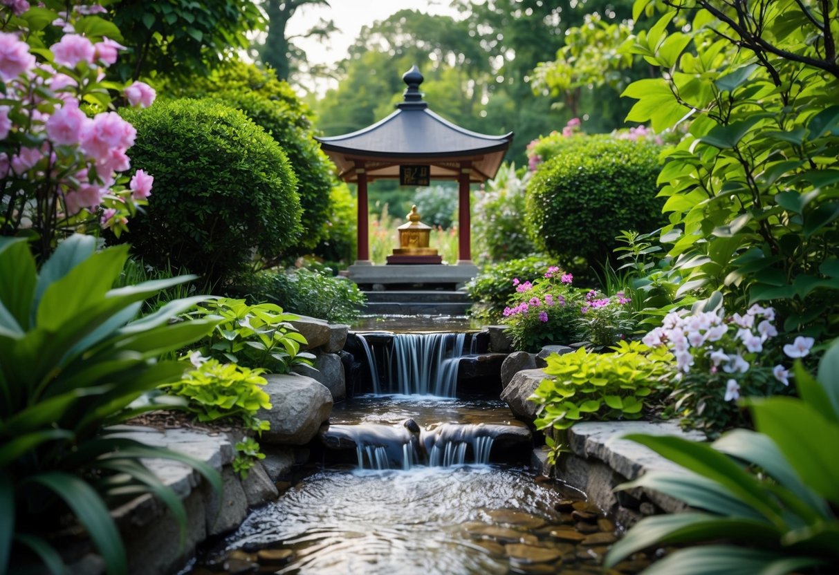 Ein ruhiger Garten mit einem fließenden Bach, umgeben von üppigem Grün und blühenden Blumen, mit einem kleinen Schrein oder Meditationsbereich in der Mitte.