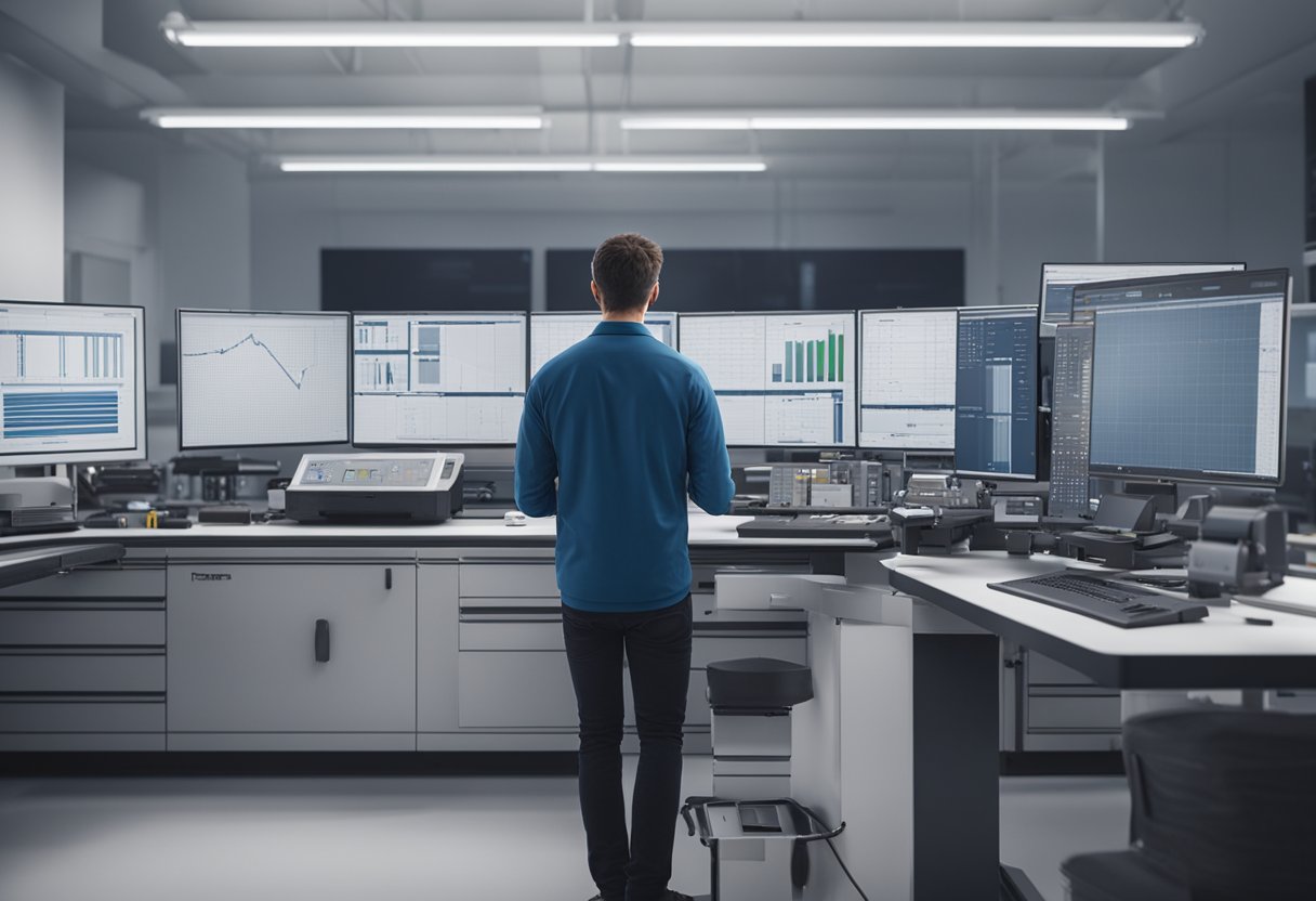 A technician calibrates precision measurement equipment in a clean, well-lit laboratory at Hubbs Metrology Solutions