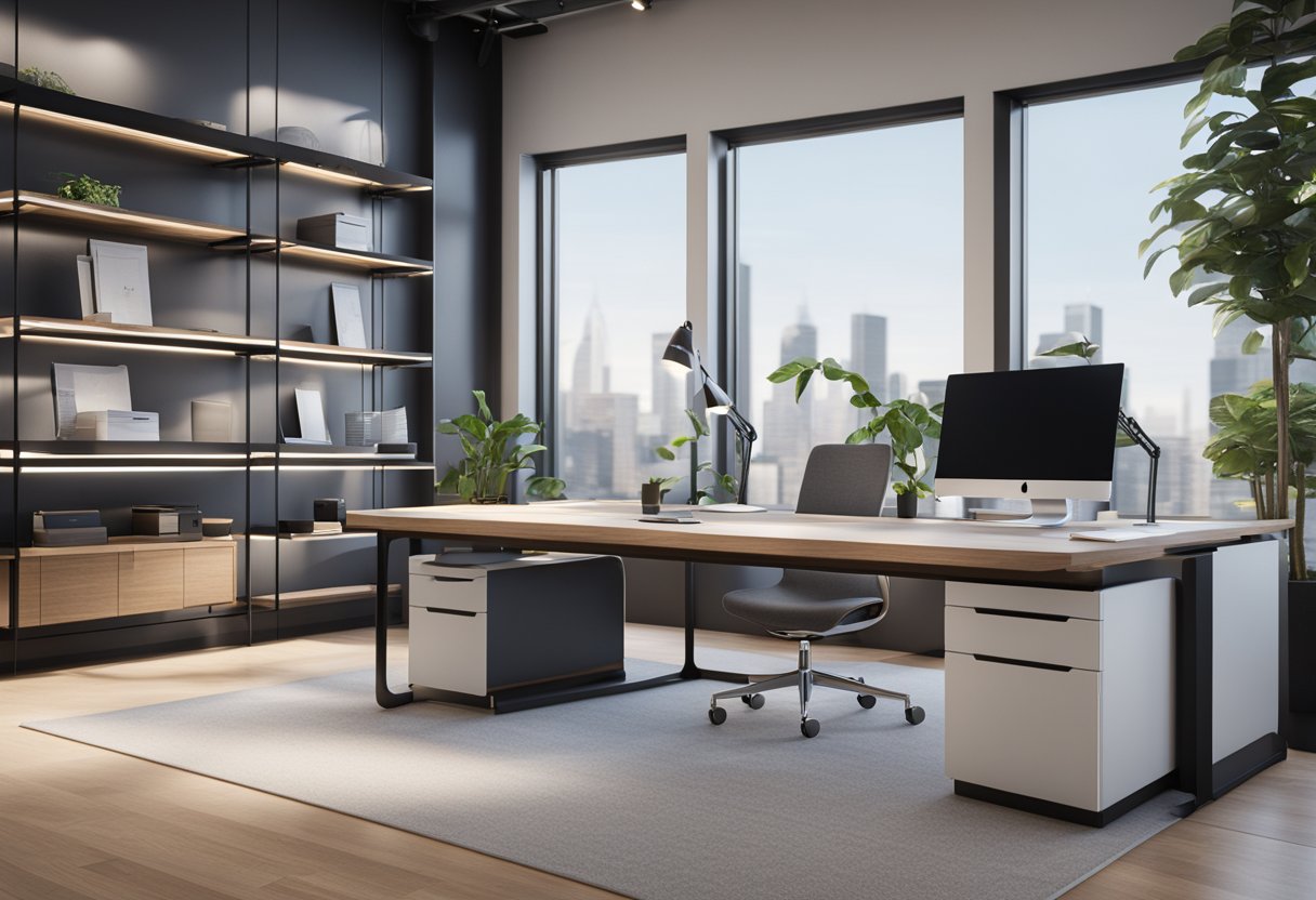 A modern office with a sleek desk, computer, and phone. Shelves display various metrology products and tools. A customer service representative assists a client