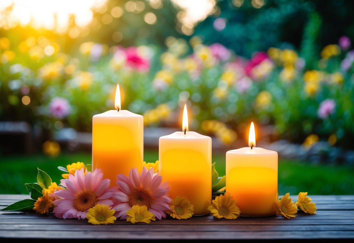 Ein ruhiger Garten mit Kerzen, Blumen und einer friedlichen Atmosphäre für spirituelle Gebete