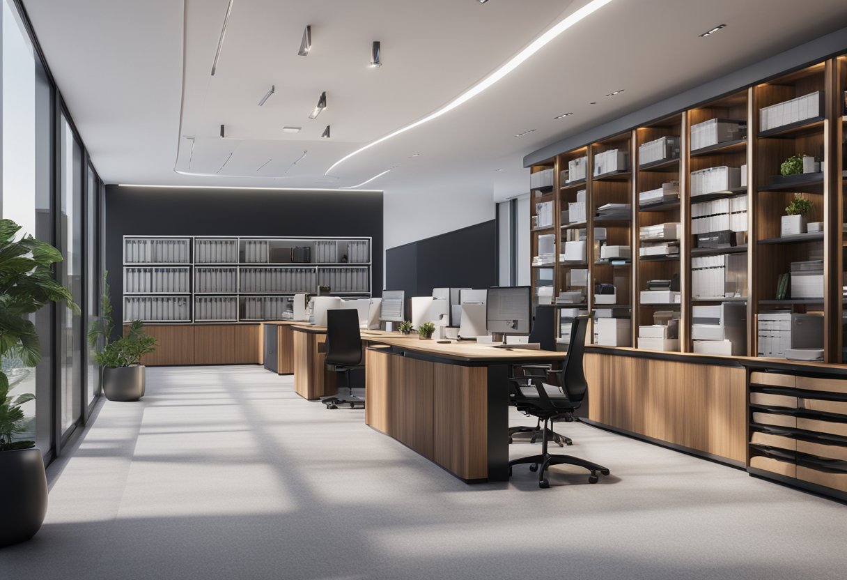 A sleek, modern office space with a large desk holding various metrology products and a display showcasing services offered. Shelves lined with equipment and a logo prominently displayed