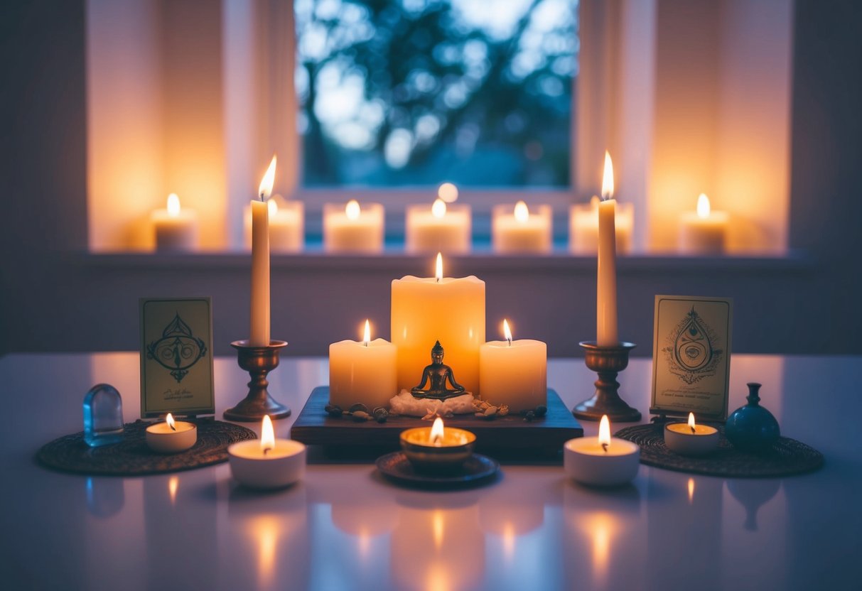 Ein ruhiger, kerzenbeleuchteter Raum mit einem kleinen Altar, der mit spirituellen Symbolen und Objekten geschmückt ist, umgeben von sanftem, ätherischem Licht.