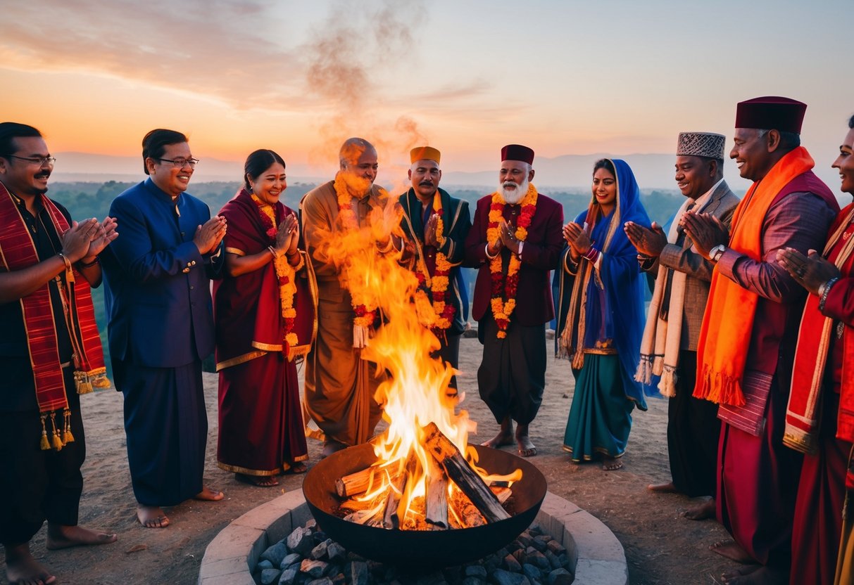 Eine Gruppe von Menschen in traditioneller Kleidung versammelt sich um ein heiliges Feuer, spricht spirituelle Gebete und feiert mit Freude.