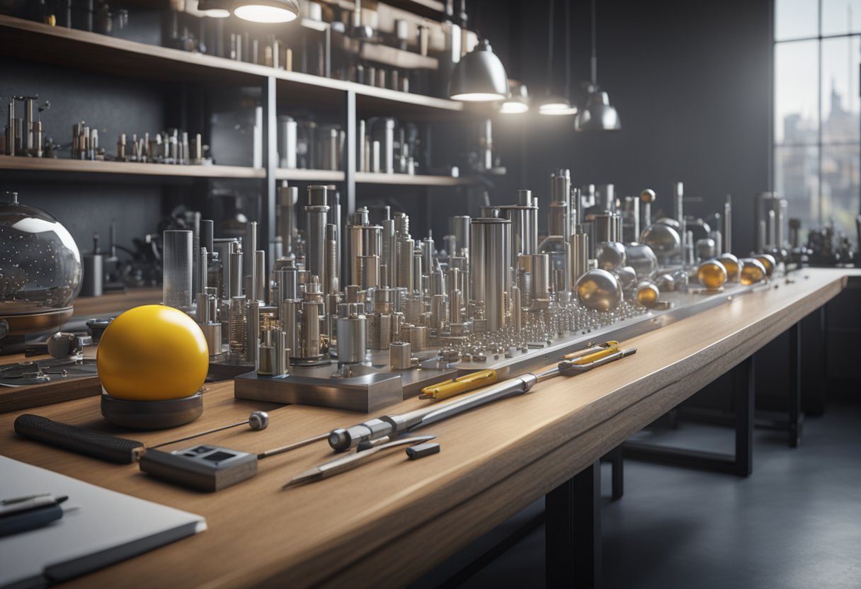 A laboratory table with precision balls of various sizes and materials, surrounded by measuring instruments and tools