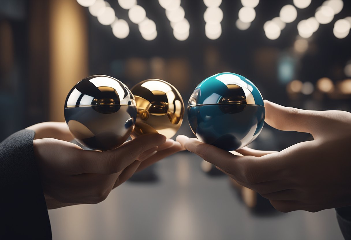 A hand holding a pair of precision balls with various materials displayed in the background