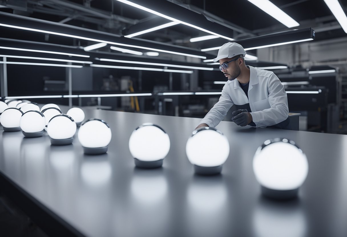 A technician inspects a row of precision balls under bright lights on a clean, white work surface