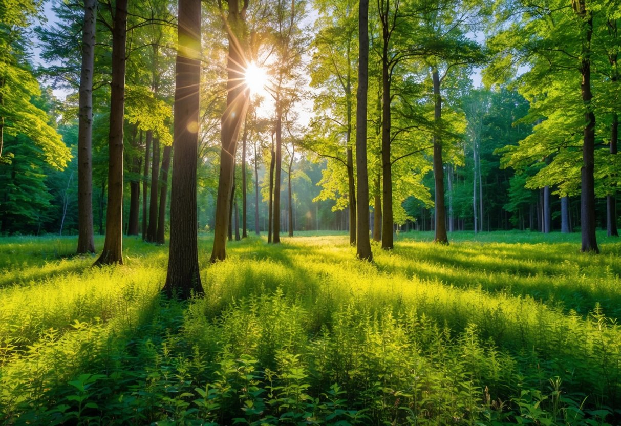 Eine ruhige Waldlichtung mit geflecktem Sonnenlicht, umgeben von hohen Bäumen und lebendiger grüner Vegetation, mit einem Gefühl von friedlicher Energie, das aus der Erde strömt.