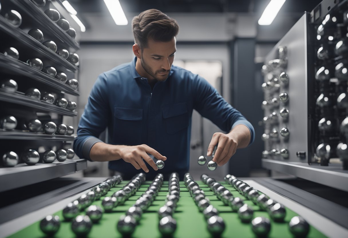 A technician carefully measures and inspects precision balls with specialized metrology equipment