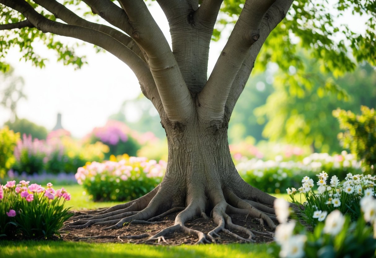 Ein ruhiger Garten mit einem tief in der Erde verwurzelten Baum, umgeben von blühenden Blumen und einer friedlichen Atmosphäre