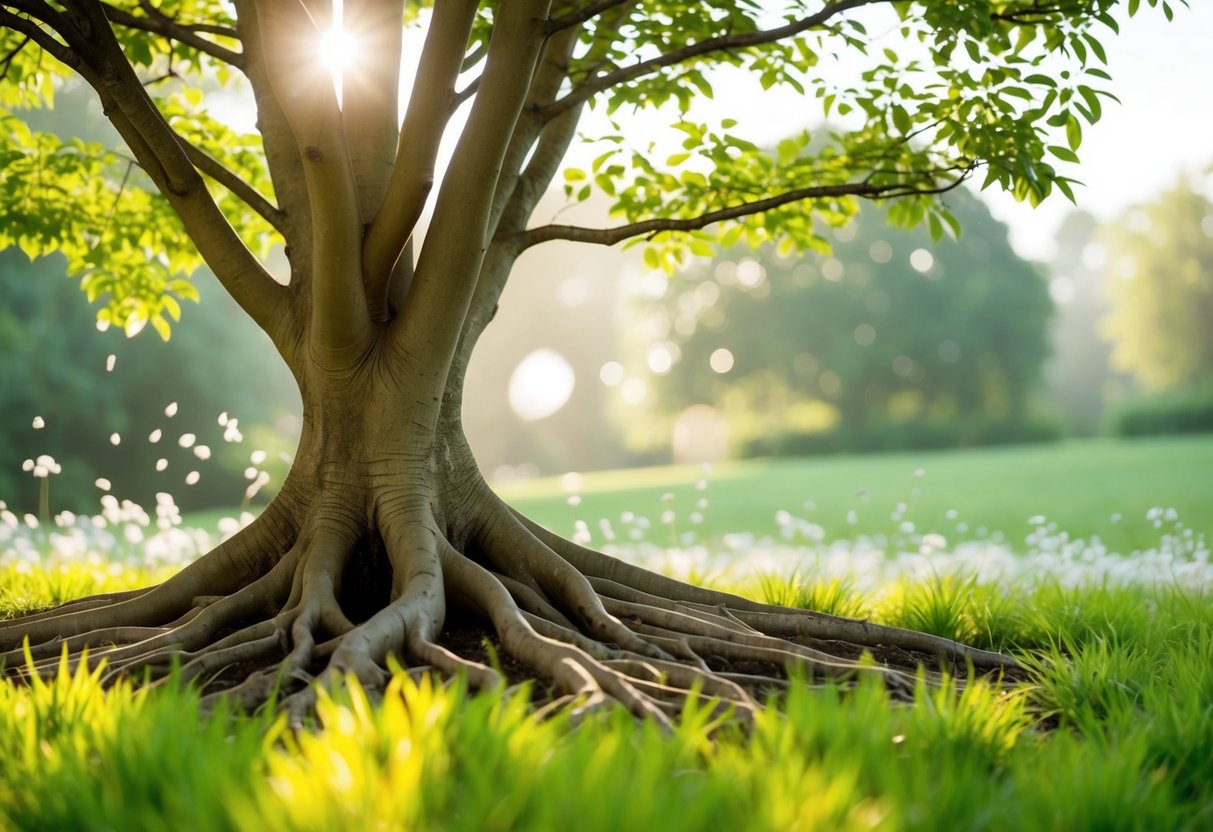 Ein ruhiger Garten mit einem Baum, dessen Wurzeln tief in die Erde reichen, umgeben von sanftem Sonnenlicht und sanftem Wind.