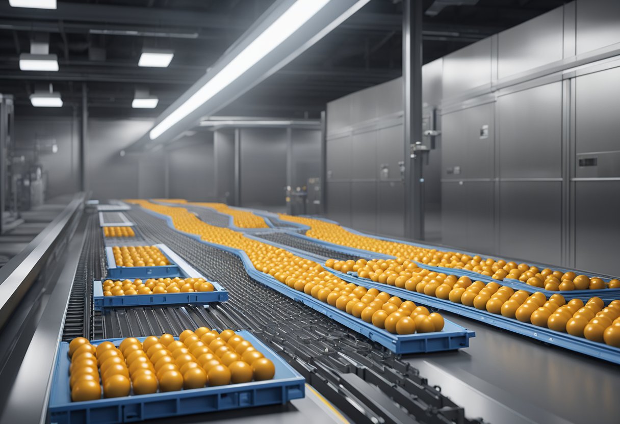 A conveyor belt carries precision balls through a high-tech packaging and distribution facility. Automated machines carefully package the balls into boxes for metrology use