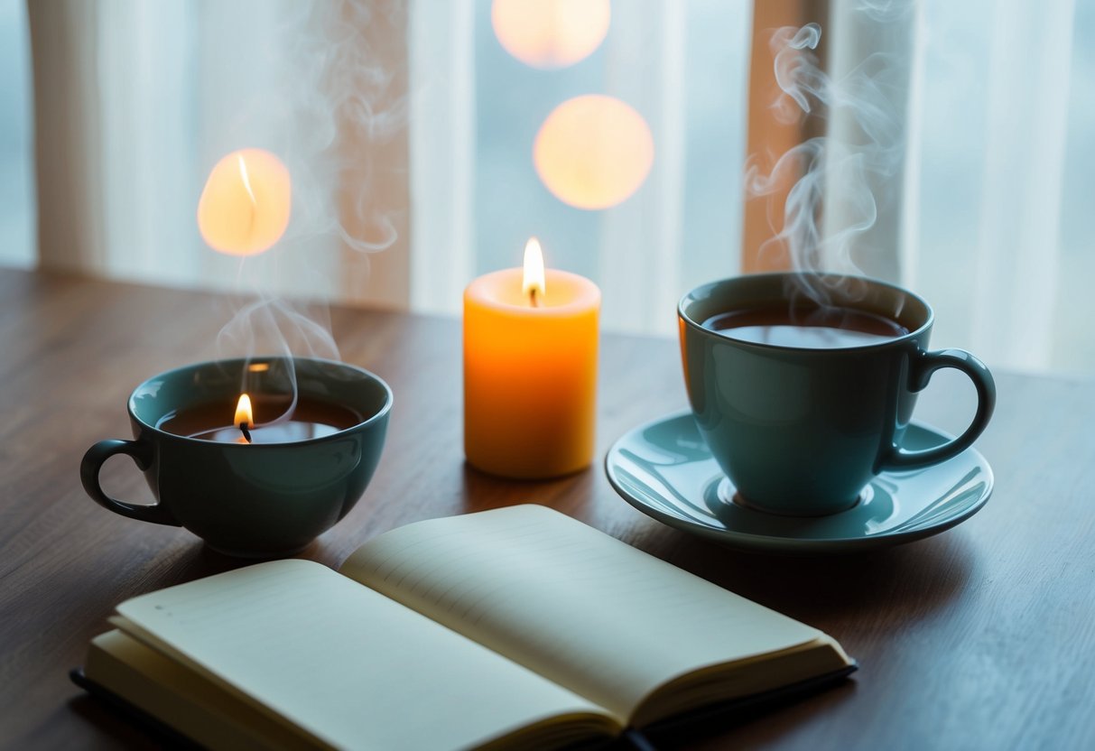 Eine ruhige Morgenroutine: eine dampfende Tasse Tee, eine flackernde Kerze und ein offenes Tagebuch mit leeren Seiten, umgeben von sanftem Sonnenlicht, das durch durchsichtige Vorhänge strömt.