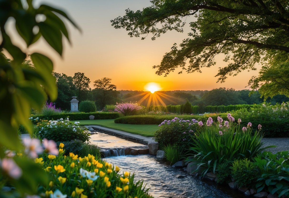 Ein ruhiger Sonnenaufgang über einem friedlichen Garten mit einem fließenden Bach und blühenden Blumen, umgeben von üppigem Grün und einem Gefühl von Frieden.