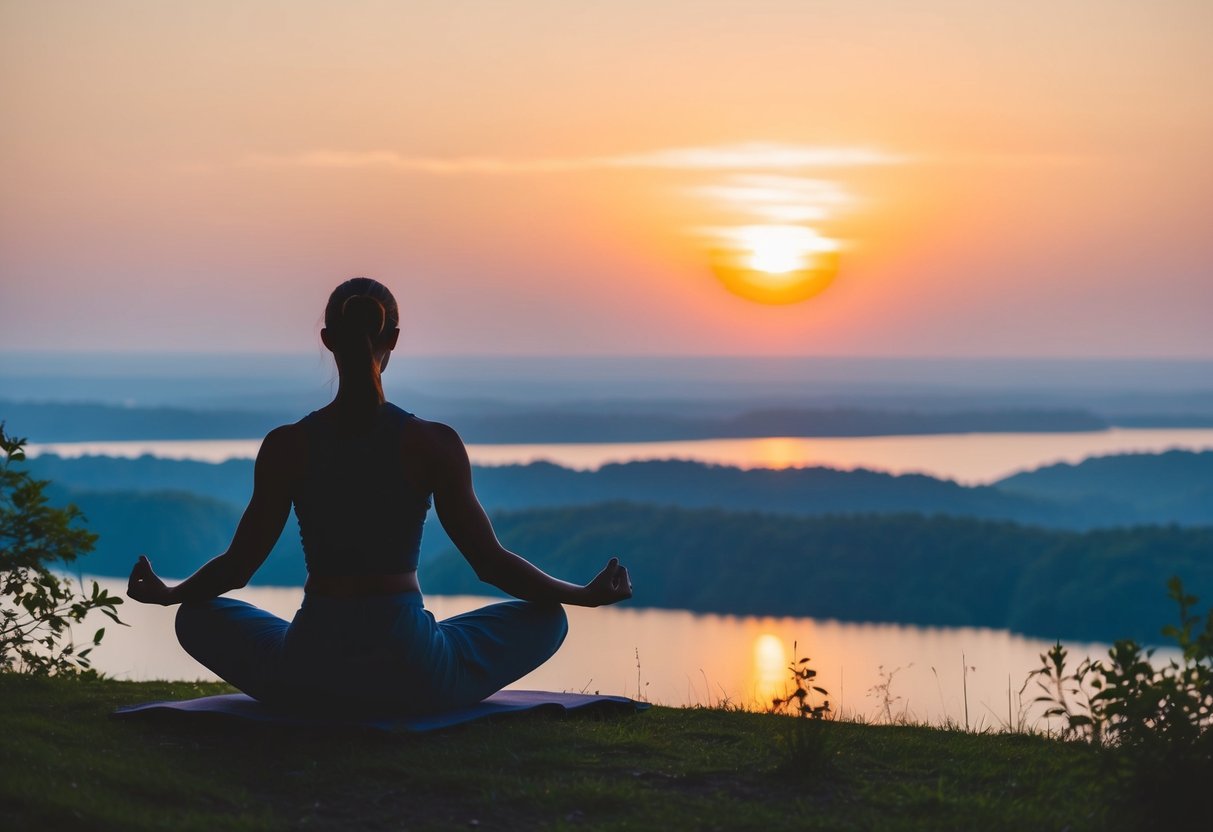 Ein friedlicher Sonnenaufgang über einer ruhigen Landschaft, mit einer Figur in meditativer Pose, umgeben von der Natur, die tiefes Atmen übt.