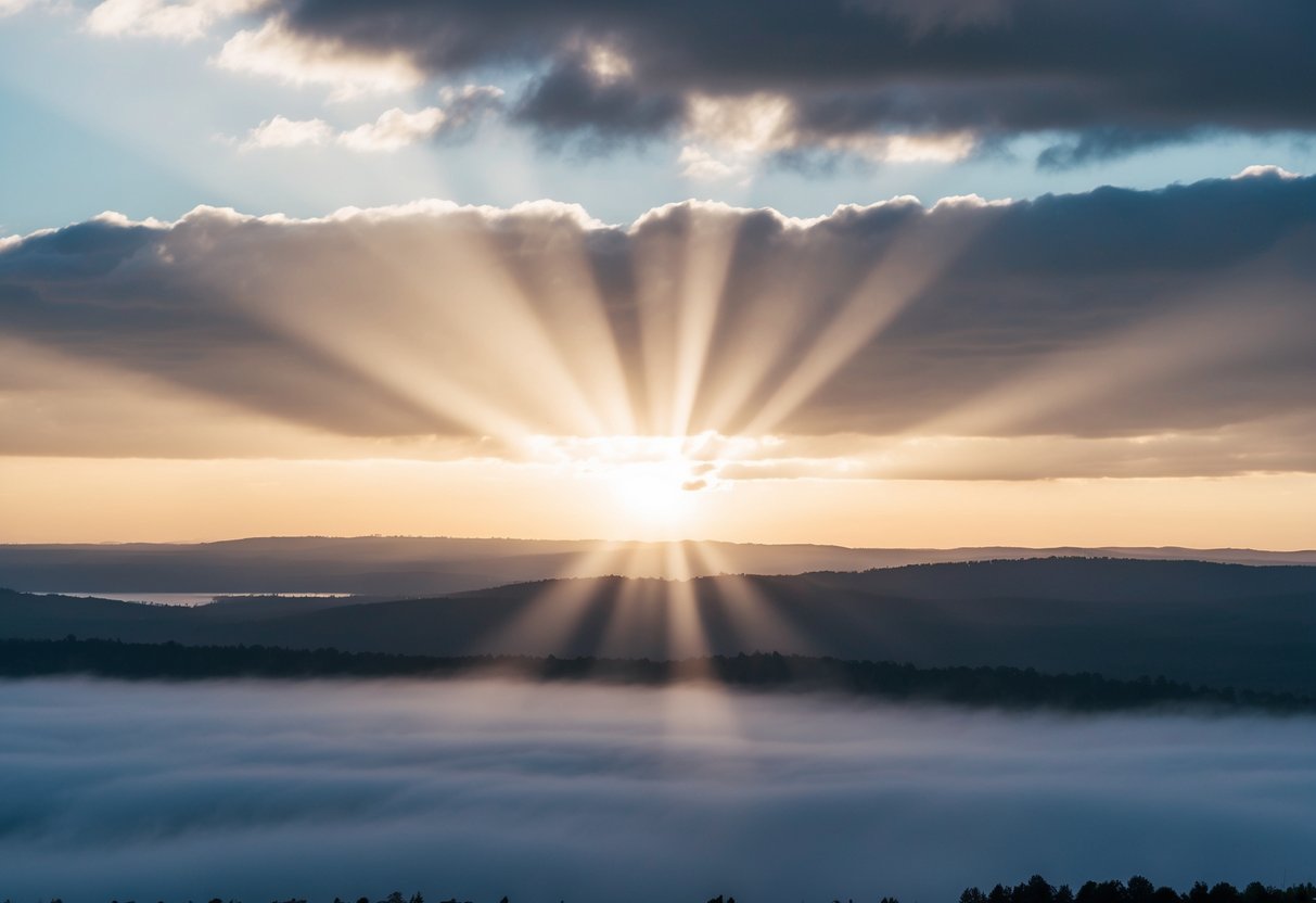 Ein ruhiger Sonnenaufgang über einer friedlichen Landschaft, mit Lichtstrahlen, die durch die Wolken brechen und eine friedliche Naturszene erleuchten.